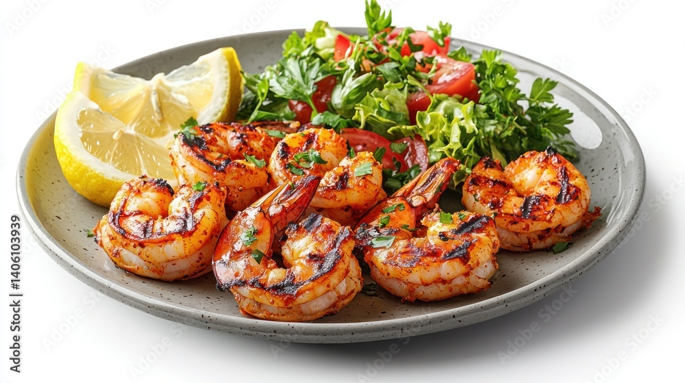 A plate of tandoori prawns with charred edges, served with a fresh salad and lemon wedges on a white background A plate of tandoori prawns with charred edges, served with a fresh salad and lemon wedges on a white background