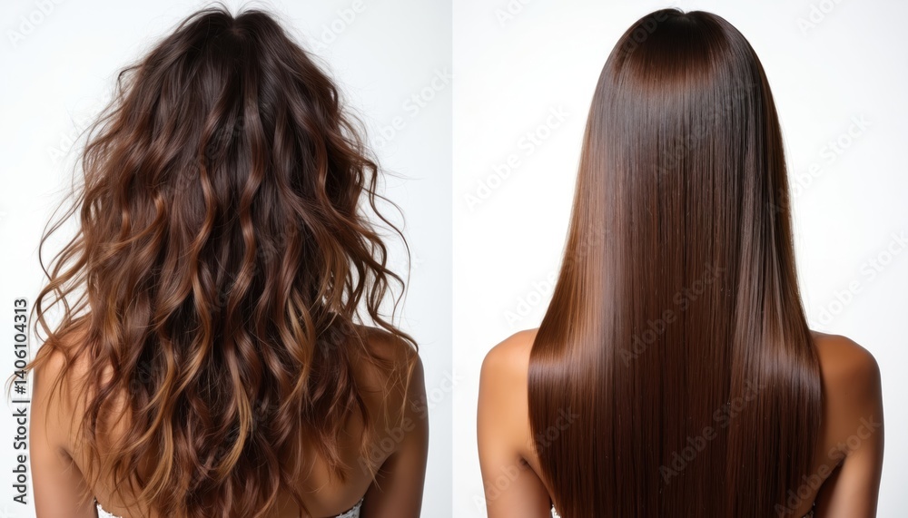 Fototapeta premium Illustration contrasts unhealthy, damaged hair versus clean, healthy hair. Dry ends, overbrushing are problems. Beautiful, straight, shiny hair on woman back. Concept beauty care.