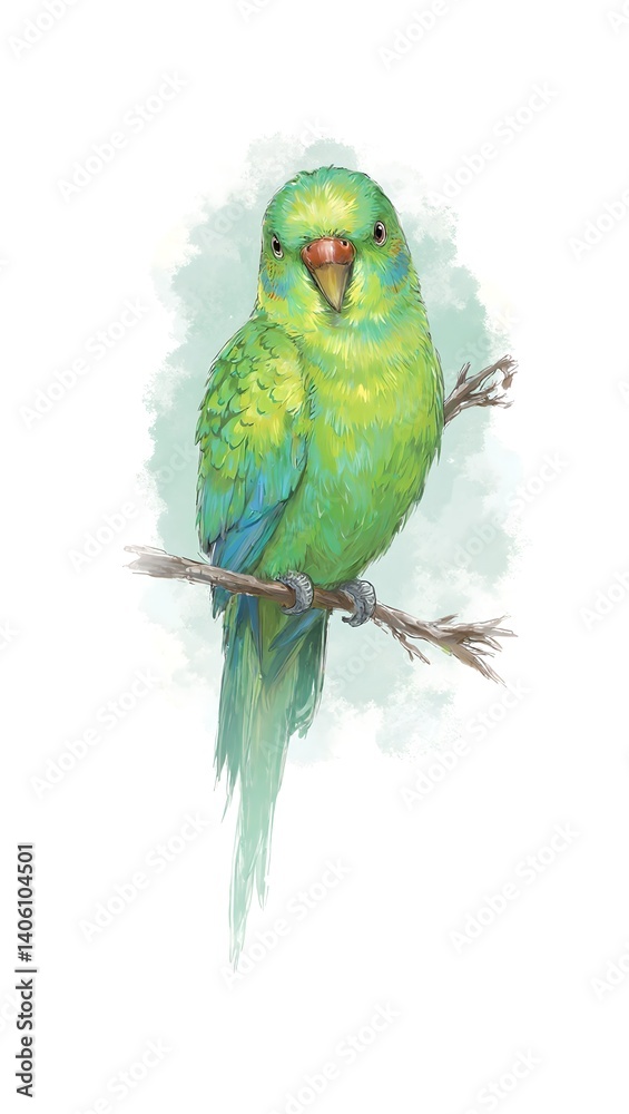 Fototapeta A colorful parakeet on a branch with radiant feathers in shades of green and blue set against a clean white background