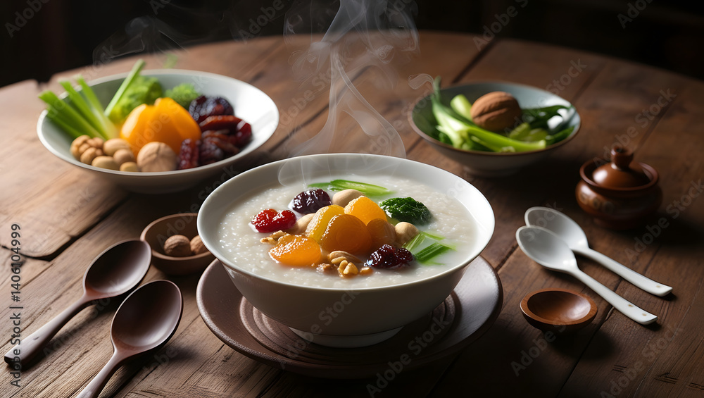 A warm and inviting still life of a traditional Chinese dish, featuring a steaming hot bowl of Eight Treasures Porridge as the centerpiece, garnished with an assortment of fresh ingredients, including