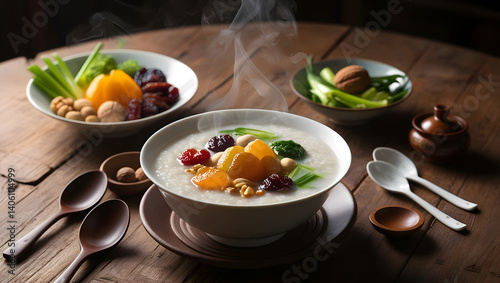 Obraz na płótnie A warm and inviting still life of a traditional Chinese dish, featuring a steaming hot bowl of Eight Treasures Porridge as the centerpiece, garnished with an assortment of fresh ingredients, including w salonie