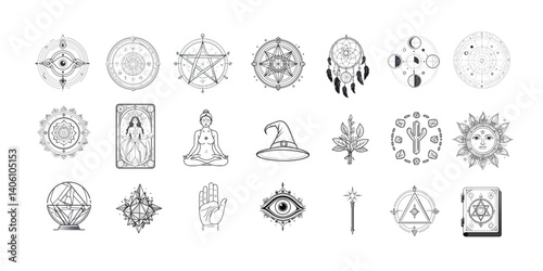 Esoteric icons collection, black and white, abstract mystical symbols for spiritual art