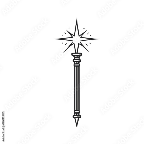 Magic wand illustration, black and white design, sparkling end for spells and enchantments