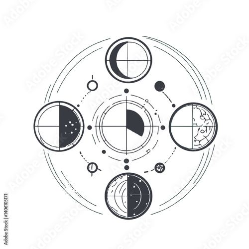 Moon phases illustration, black and white design, celestial bodies for lunar cycle understanding