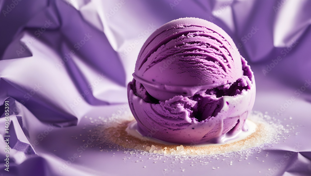 A scoop of vibrant violet blueberry ice cream, with a glossy finish and delicate swirls, sits atop a crumpled, soft-focus lilac background, evoking a whimsical and dreamy atmosphere, as if plucked