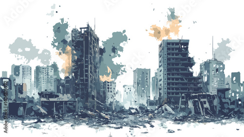 Ruined Cityscape Artwork, Urban Destruction Illustration