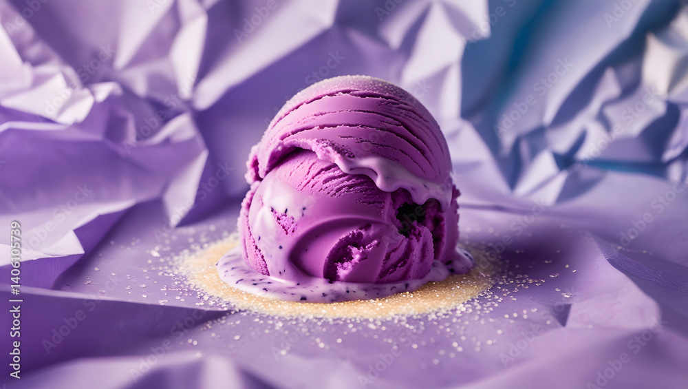 A scoop of vibrant violet blueberry ice cream, with a glossy finish and delicate swirls, sits atop a crumpled, soft-focus lilac background, evoking a whimsical and dreamy atmosphere, as if plucked