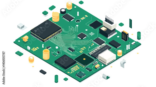 Detailed Circuit Board View Vector Illustration Isolated on WHitebackground