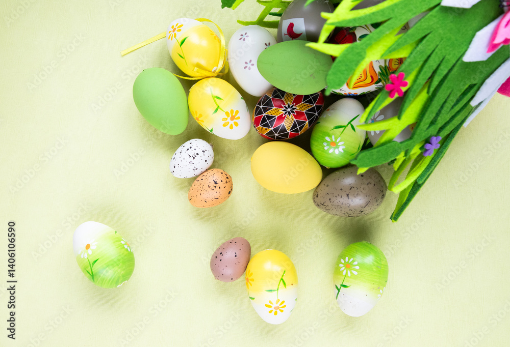 easter celebration concept. Top view photo of colorful easter eggs