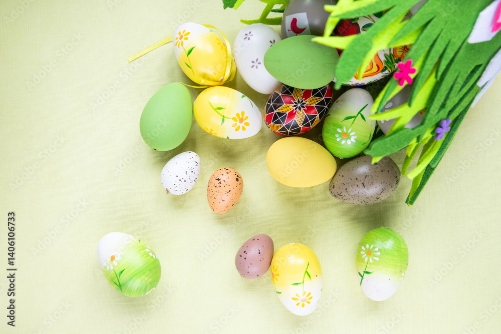 easter celebration concept. Top view photo of colorful easter eggs