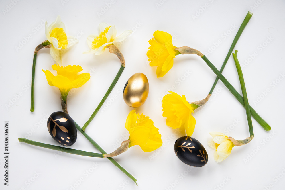 top view of daffodils and Easter eggs