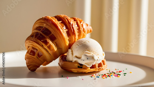 Obraz na płótnie A golden-brown, flaky, and crispy waffle croissant, freshly baked, sits atop a cold, creamy, and vibrant ice cream scoop, glistening with tiny droplets of condensed moisture, against a soft, creamy w salonie