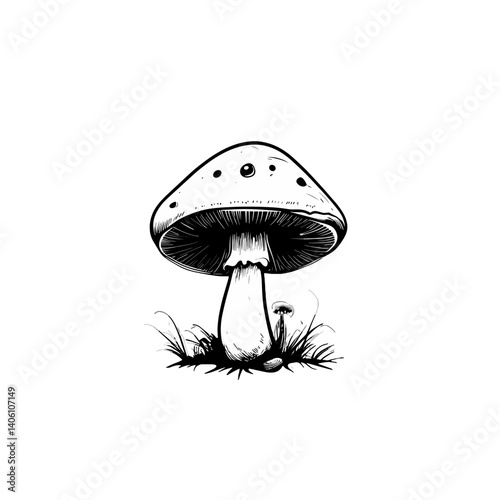Mushroom growing in grass in black and white sketch style