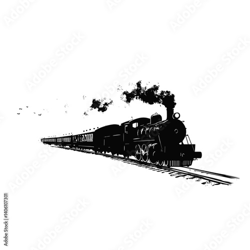 Silhouette of vintage steam train with smoke on white icon