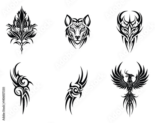 Tribal tattoo design set with skulls animals wings and floral patterns in black vector style