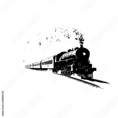  Detailed silhouette of classic steam train with smoke on white icon