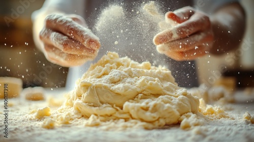 Kneading Dough A Bakers Hands in Action with Flour Sprinkles and Fresh Ingredients for Culina
