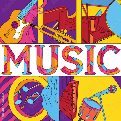 Bold 'MUSIC' illustration with each letter creatively formed using musical instruments like guitars, notes, and microphones