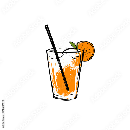 Refreshing orange juice with straw and slice on white icon