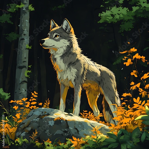 Digital Photo Of Majestic Wolf Standing Tall On A Rock In Autumn Forest photo