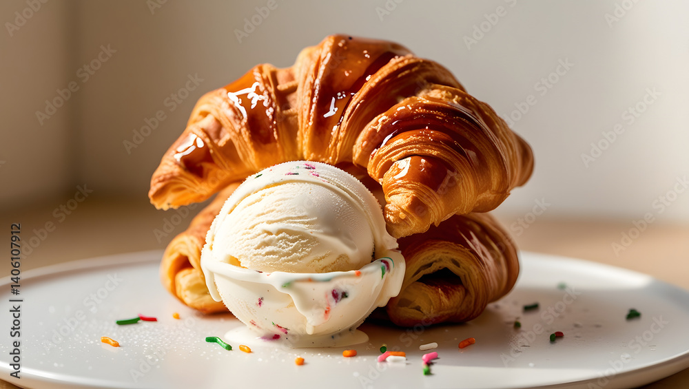 A golden-brown, flaky, and crispy waffle croissant, freshly baked, sits atop a cold, creamy, and vibrant ice cream scoop, glistening with tiny droplets of condensed moisture, against a soft, creamy