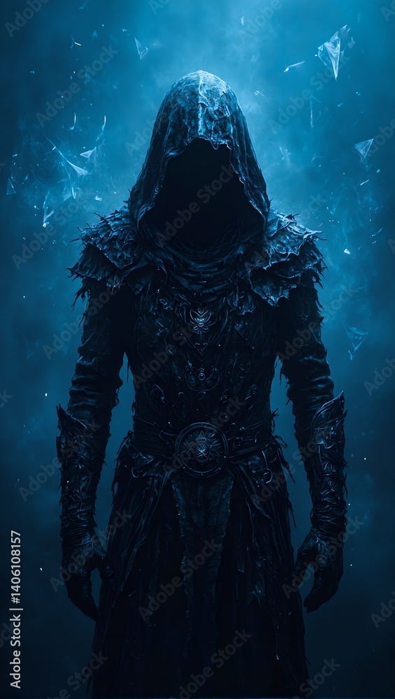 Fototapeta premium Mysterious cloaked figure with arcane symbols in high contrast darkness amid abstract blue gradient evoking digital decay