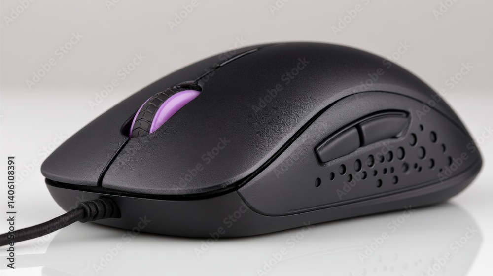 Gaming computer mouse with purple light on clean white background presenting user interface peripheral high precision hardware and esports equipment in a modern minimalist tech display Gaming computer mouse with purple light on clean white background presenting user interface peripheral high precision hardware and esports equipment in a modern minimalist tech display