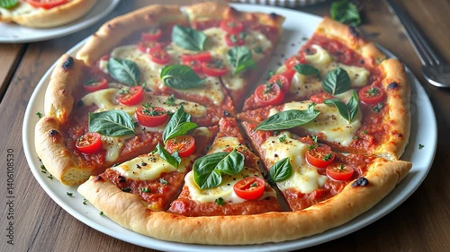 Freshly baked margherita pizza with basil and cherry tomatoes on wooden table