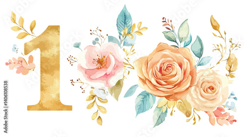 Luxurious Gold Number 1 with Watercolor Floral Design