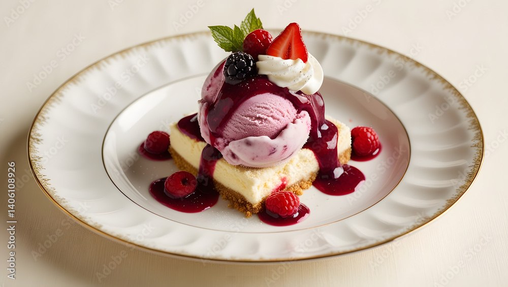 A scoop of rich, creamy berry ice cream sits atop a crumbled biscuit Cheesecake base, drizzled with a tart berry sauce, and garnished with a dollop of whipped cream, fresh berries, and a sprinkle