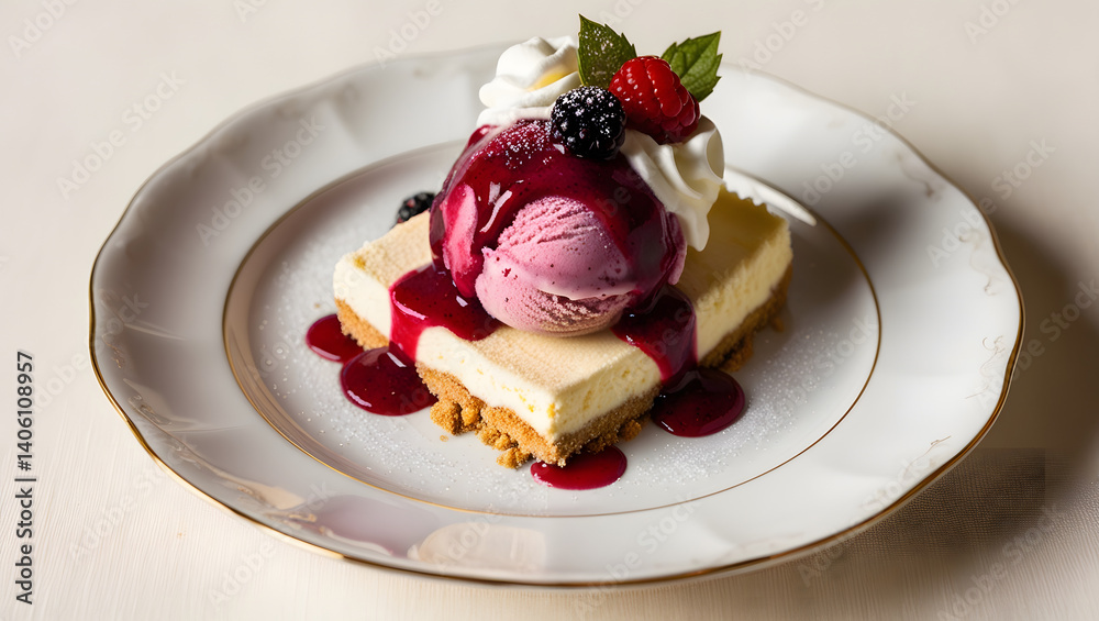 A scoop of rich, creamy berry ice cream sits atop a crumbled biscuit Cheesecake base, drizzled with a tart berry sauce, and garnished with a dollop of whipped cream, fresh berries, and a sprinkle