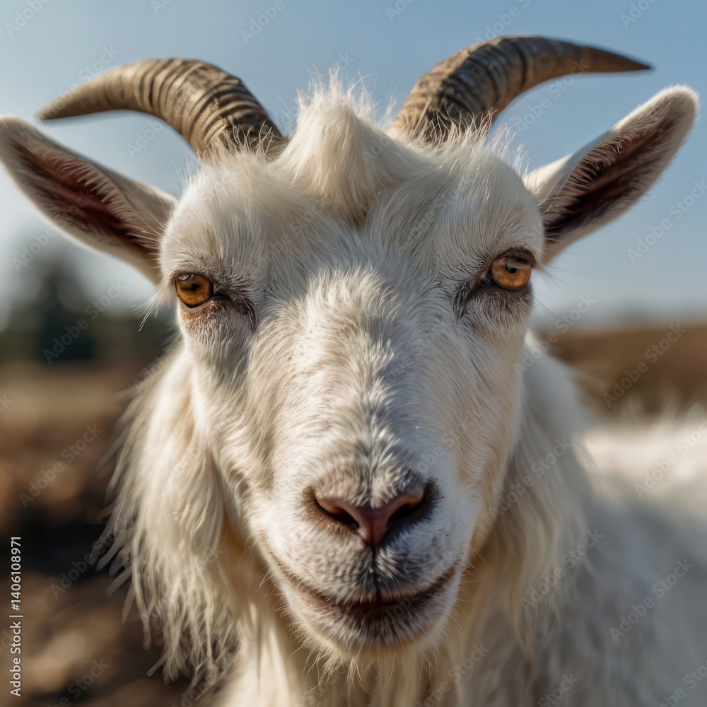 Fototapeta premium Vertical closeup shot of a tame white goat staring at the camera