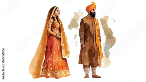 Exquisite Sikh Wedding Couple Watercolor Clipart for Elegant Designs