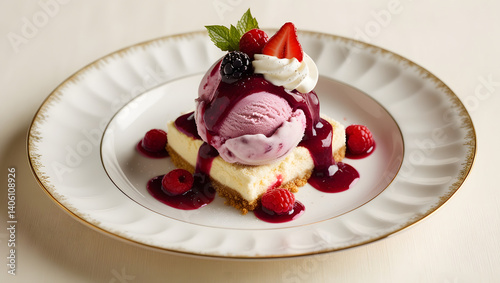 Obraz na płótnie A scoop of rich, creamy berry ice cream sits atop a crumbled biscuit Cheesecake base, drizzled with a tart berry sauce, and garnished with a dollop of whipped cream, fresh berries, and a sprinkle w salonie