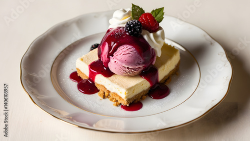 Obraz na płótnie A scoop of rich, creamy berry ice cream sits atop a crumbled biscuit Cheesecake base, drizzled with a tart berry sauce, and garnished with a dollop of whipped cream, fresh berries, and a sprinkle w salonie