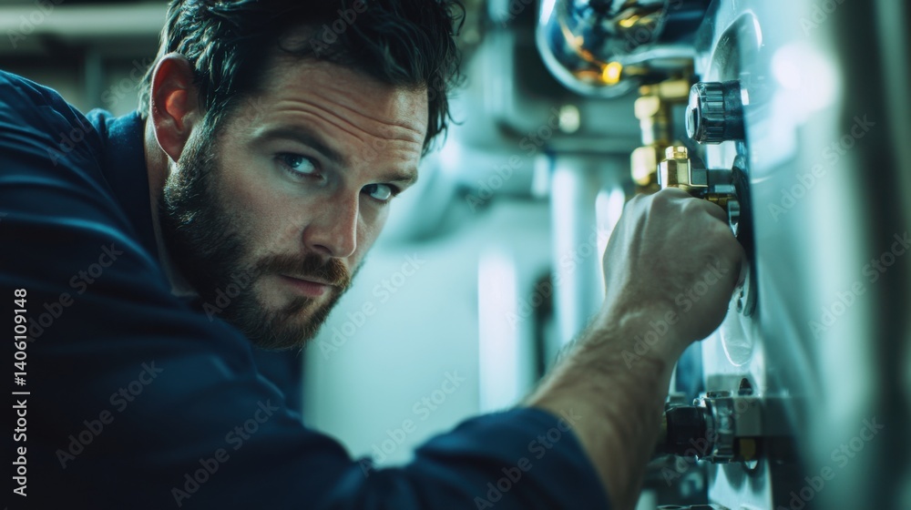 Plumber installing a new water heater in a utility room. Featuring precision and technical skill