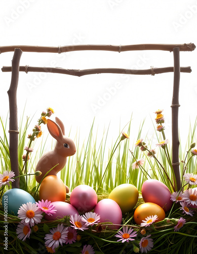 easter eggs in a basket with flowers
