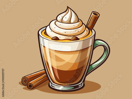 A professional vector of a latte glass with whipped cream topping and cinnamon, placed on a soft beige background, cozy and layered look