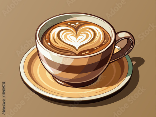 A professional vector of a ceramic cappuccino cup on saucer with latte art heart, placed on a light brown background, cozy and artistic look