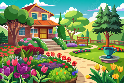 vector of The flower garden of the landscaped backyard of the residential house