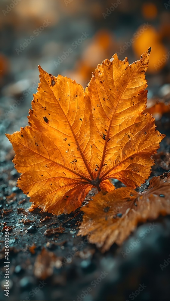 Vibrant orange ginkgo leaf on rustic metal surface with detailed veins soft focus background and HDR quality Vibrant orange ginkgo leaf on rustic metal surface with detailed veins soft focus background and HDR quality