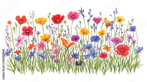 Field of Wild Flowers Sketch Hand Drawn Doodle Vector Illustration