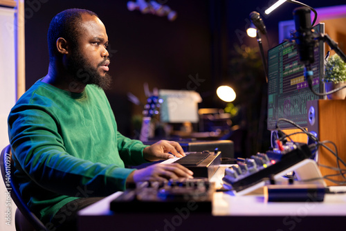 Skilled music producer creating new songs on midi controller synthesizer, working with mixing console and professional software on pc. Male artist using piano and mastering acoustical tunes.