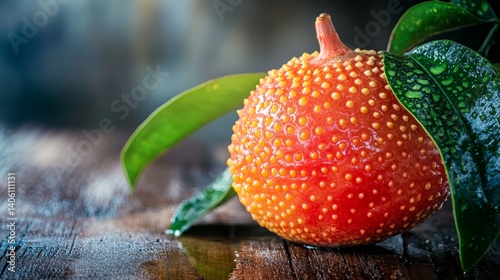 Gac Fruit put on  wood table. photo
