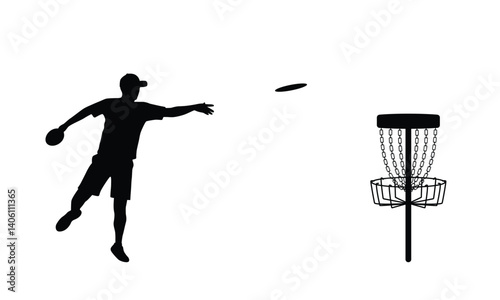 disc golf silhouette. disc golf player throwing disc to the disc golf basket
