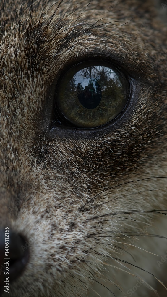 High definition close up of a weasels sharp eye with clear pupils capturing the subtle reflection of the woodland environment High definition close up of a weasels sharp eye with clear pupils capturing the subtle reflection of the woodland environment