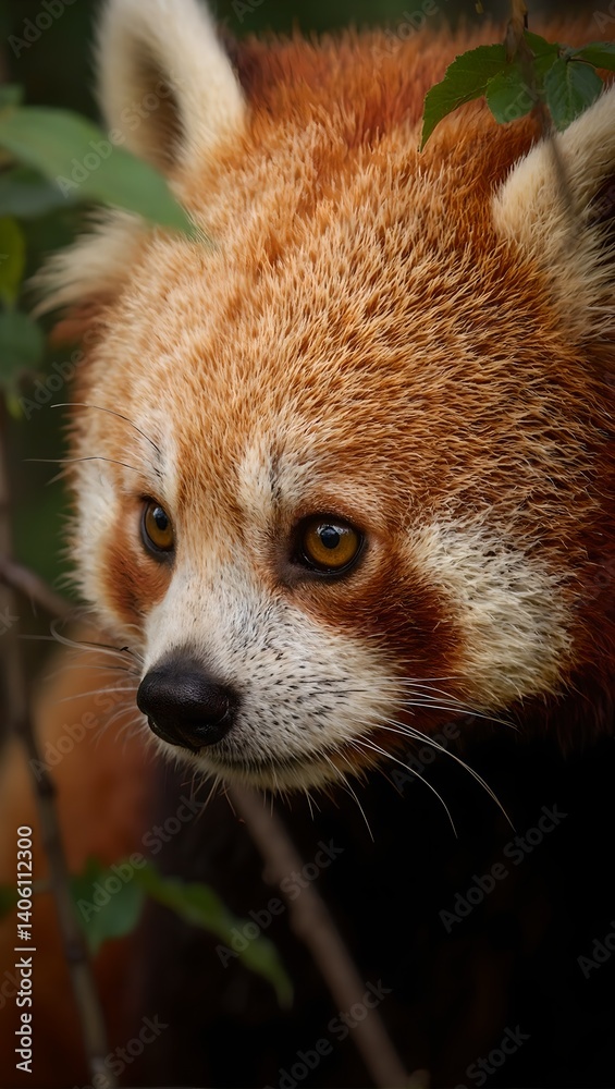 Obraz premium Close up portrait of a vibrant red panda eye showcasing curiosity and beauty in its natural forest setting