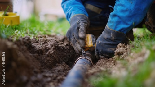 Plumber repairing a broken sewer line outside a house. Featuring skill and problem-solving