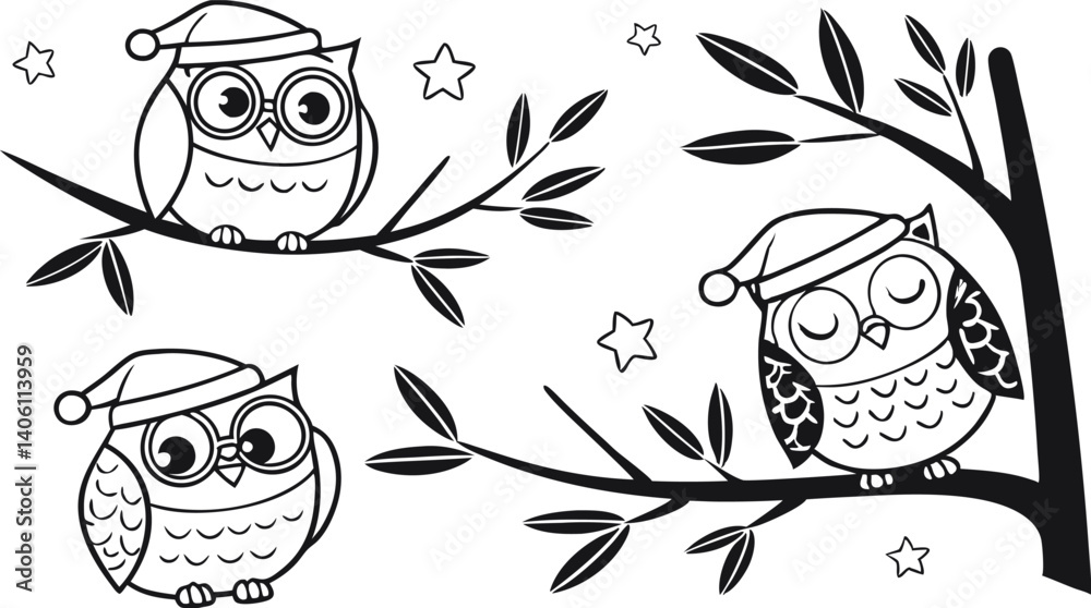 Fototapeta premium Cute Hand-Drawn Owl Vector Set – Line Art EPS Clipart Collection.eps