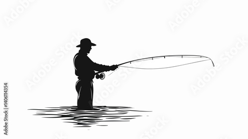 Hand Drawn Fly Fisherman Silhouette Illustration for Outdoor Adventure and Fishing Enthusiasts